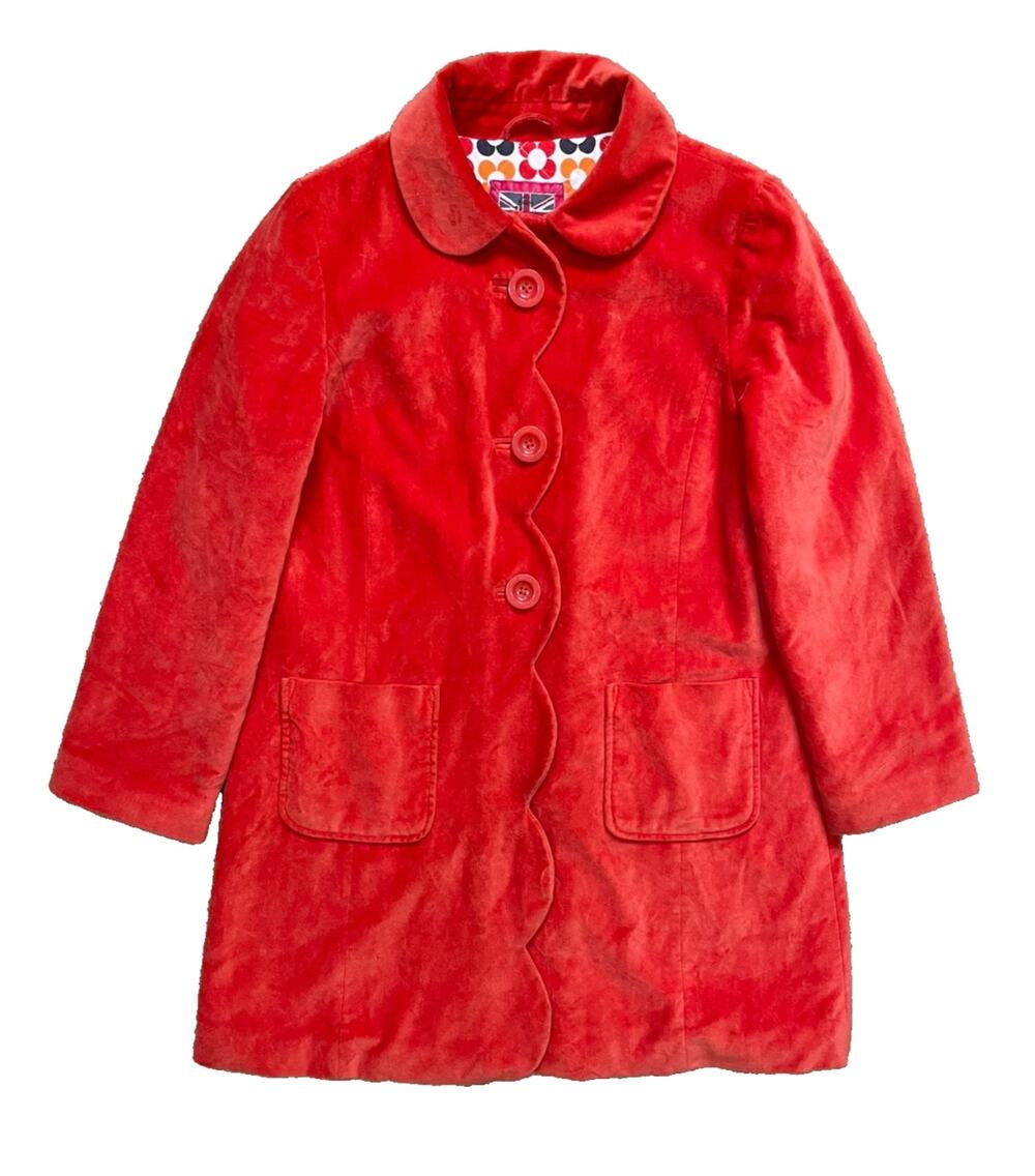 Mini Boden 11-12Y Long Sleeve Velvet Peacoat Coat Red Orange Girls Scalloped
